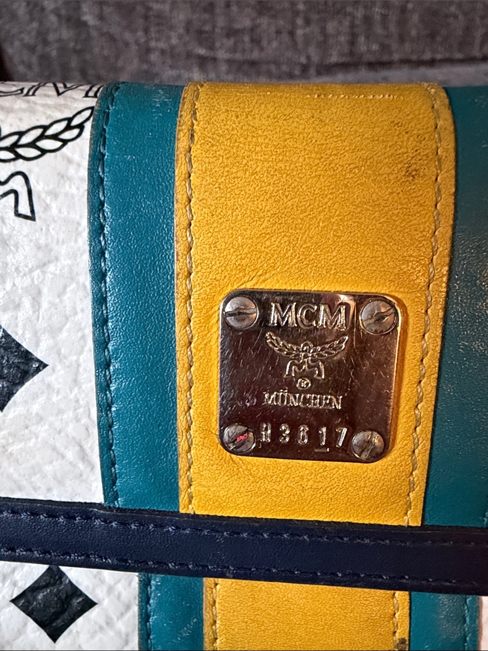 MCM White Logo Continental Wallet with Yellow and Teal Center Stripe - Picture 5 of 8
